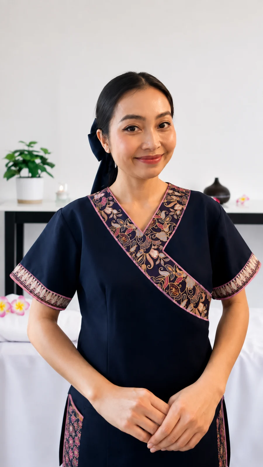 Portrait of a Thai massage therapist in traditional uniform